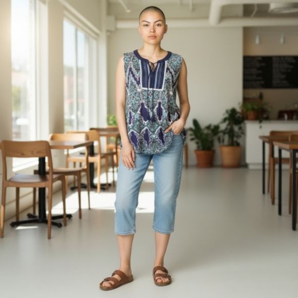 rxb Sleeveless Patterned Navy Top with Tie - Picture 3 of 9